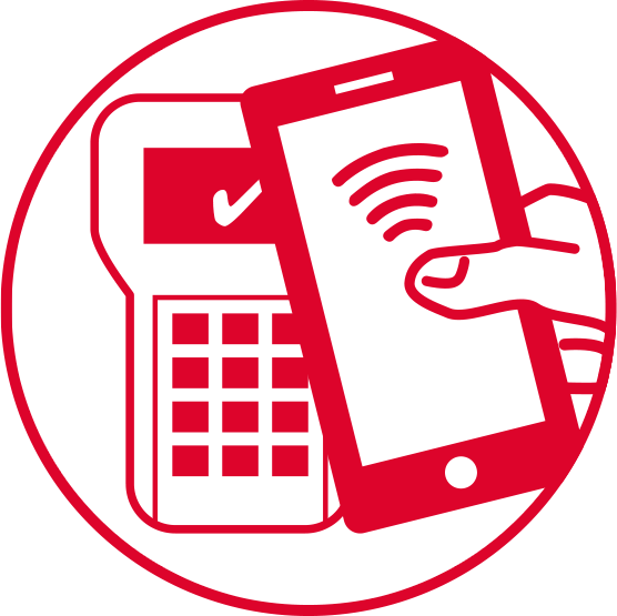 Symbol Smartphone vor Lesegerät, ein Signal bestätigt die Zahlung